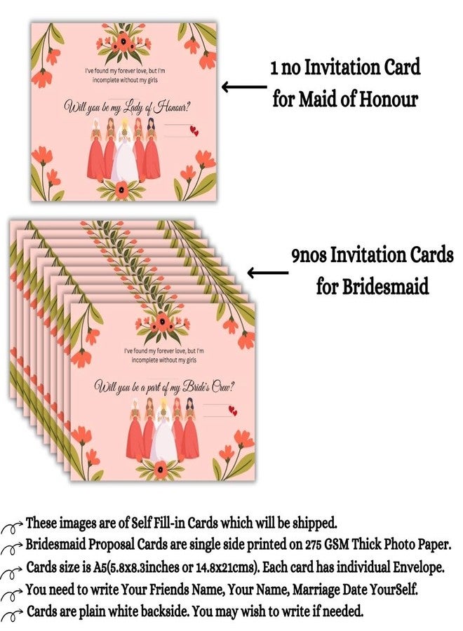 AanyaCentric 5.8x8.3inch Set of 10 Bridesmaid Proposal Self Fill-in Printed Card, 1 for Maid of Honour & 9 for Bridesmaid, Invitation for Best Friends, Ideas for Asking Colleagues, Blank at Back - Image 2